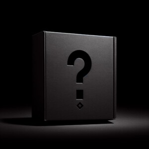 mystery box premium de color negro con un interrogante